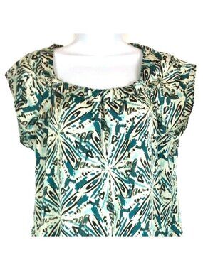 Ann Taylor Outlet Blouse Top Small Teal Black Ruched Neck Cap Sleeve Career